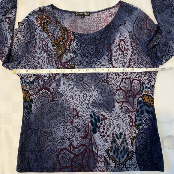 Jessica Max Long Sleeve Round Neck Blue & Purple Print Blouse, L - Picture 7 of 11